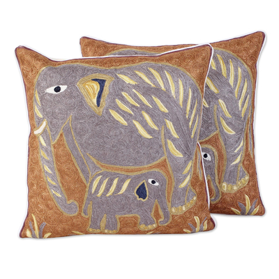 Cotton cushion covers, 'Grey Indian Elephants' (pair) - Elephant Theme Embroidered Chainstitch Cushion Covers (Pair)