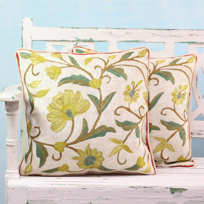 Cotton cushion covers, 'Sunny Indian Peony' (pair) - Set of Two Chainstitch Embroidered Floral Cushion Covers