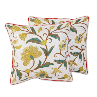 Cotton cushion covers, 'Sunny Indian Peony' (pair) - Set of Two Chainstitch Embroidered Floral Cushion Covers