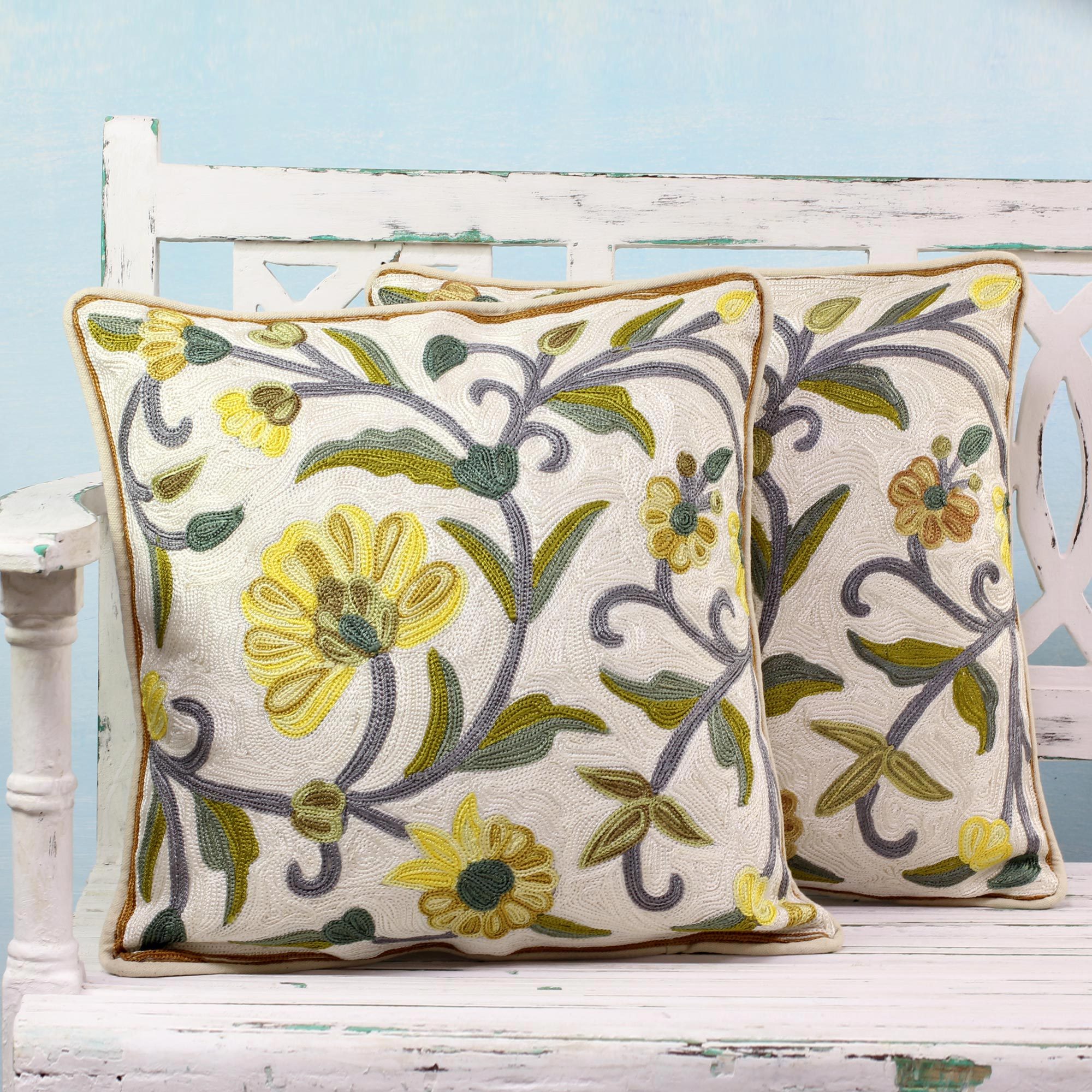 Yellow Chainstitch Embroidered Floral Cushion Covers Pair