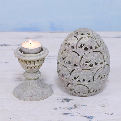 Soapstone candleholder, 'Elephant Egg' - Soapstone Candleholder with Jali Elephant Motifs from India