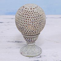 Soapstone candleholder, 'Past Reflections' - Artisan Crafted Jali Spherical Candleholder from India