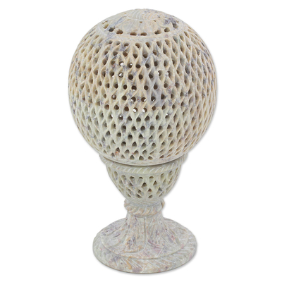 Soapstone candleholder, 'Past Reflections' - Artisan Crafted Jali Spherical Candleholder from India