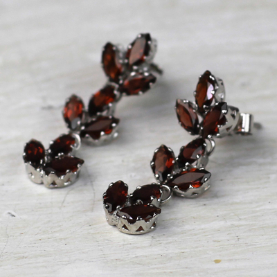 Garnet dangle earrings, 'Radiant Red Leaves' - Garnet and Sterling Silver Leafy Dangle Earrings from India
