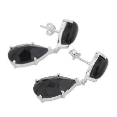 Onyx dangle earrings, 'Midnight Delight' - Onyx and Cubic Zirconia Dangle Earrings from India