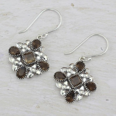 Smoky quartz dangle earrings, 'Butterfly Flowers' - Smoky Quartz and Sterling Silver Dangle Earrings from India