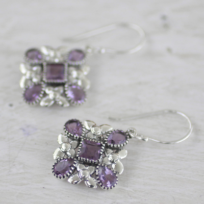 Amethyst dangle earrings, 'Butterfly Flowers in Purple' - Amethyst and Sterling Silver Dangle Earrings from India