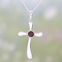 Garnet and Sterling Silver Indian Cross Pendant Necklace,'Heavenly Cross in Red'