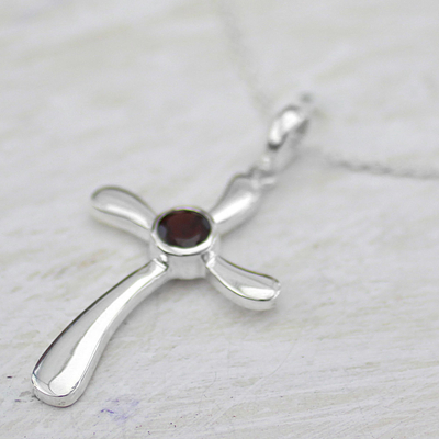 Garnet pendant necklace, 'Heavenly Cross in Red' - Garnet and Sterling Silver Indian Cross Pendant Necklace