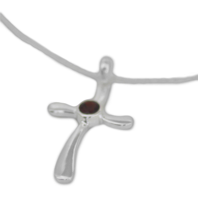 Garnet pendant necklace, 'Heavenly Cross in Red' - Garnet and Sterling Silver Indian Cross Pendant Necklace