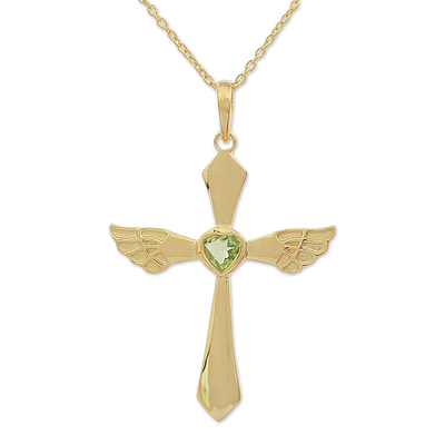 Gold plated peridot pendant necklace, 'Heavenly Wings in Green' - Gold Plated Peridot Cross Pendant Necklace from India