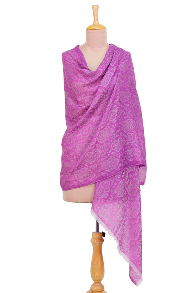 Wool shawl, 'Wisteria Paisley' - Woven Wool Shawl with Paisley Motifs in Wisteria from India