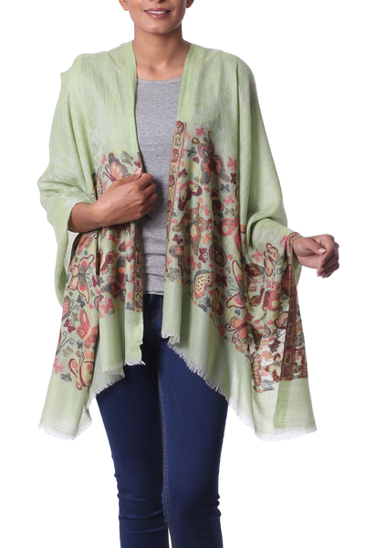 Wool shawl, 'Fantasy Flutter' - Wool Butterfly Shawl in Light Olive by Indian Artisans