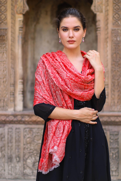 Wool shawl, 'Strawberry Paisley' - Woven Indian Wool Shawl with Paisley Motifs in Strawberry