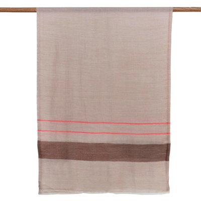 Wool shawl, 'Cream and Coffee' - Striped Woven Wool Shawl in Tan and Coffee from India