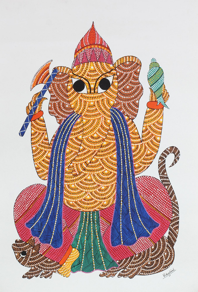 Signed Multicolored Gond Painting of Ganesha from India