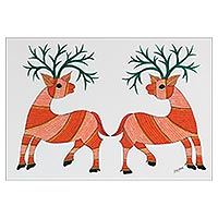 Gond painting, 'Gift of Friendship' - Signed Folk Gond Painting of Two Deer by an Indian Artist