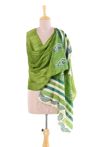 Tussar silk shawl, 'Fresh Forest Dreamer' - Artisan Crafted Green Leaves Hand Printed on Silk Shawl
