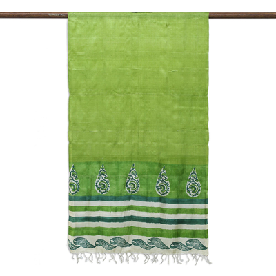 Tussar silk shawl, 'Fresh Forest Dreamer' - Artisan Crafted Green Leaves Hand Printed on Silk Shawl