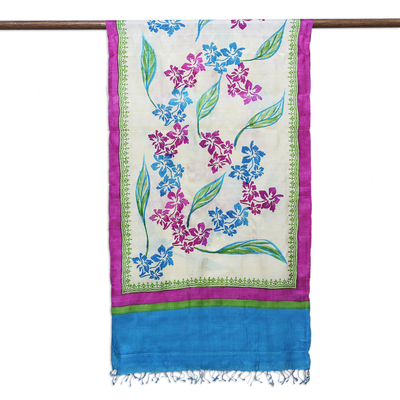 Tussar silk shawl, 'Enchanted Hibiscus' - Hibiscus Flowers Hand Block Printed on Tussar Silk Shawl