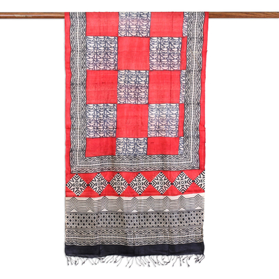 Tussar silk shawl, 'Harmonious Contrasts' - Hand Block Printed Red Grey Geometry on Tussar Silk Shawl