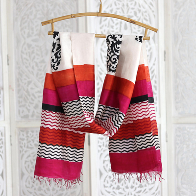 Tussar silk shawl, 'Kolkata Joy' - Hand Block Printed 100% Tussar Silk Shawl from India