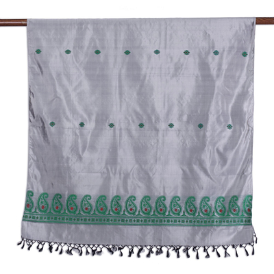 Silk shawl, 'Grey Luxury' - Grey 100% Silk Shawl with Paisley Pattern from India