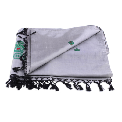 Silk shawl, 'Grey Luxury' - Grey 100% Silk Shawl with Paisley Pattern from India