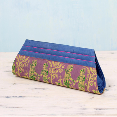 Bolso clutch de seda, 'Royal Vow in Lilac and Blue' - Bolso clutch azul y lila 100% seda de la India
