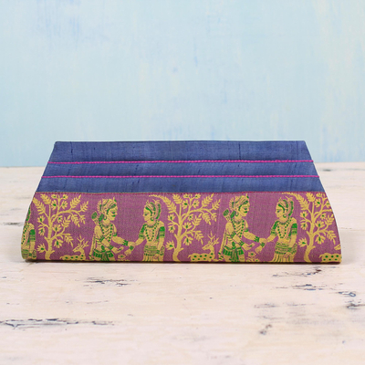 Bolso clutch de seda, 'Royal Vow in Lilac and Blue' - Bolso clutch azul y lila 100% seda de la India