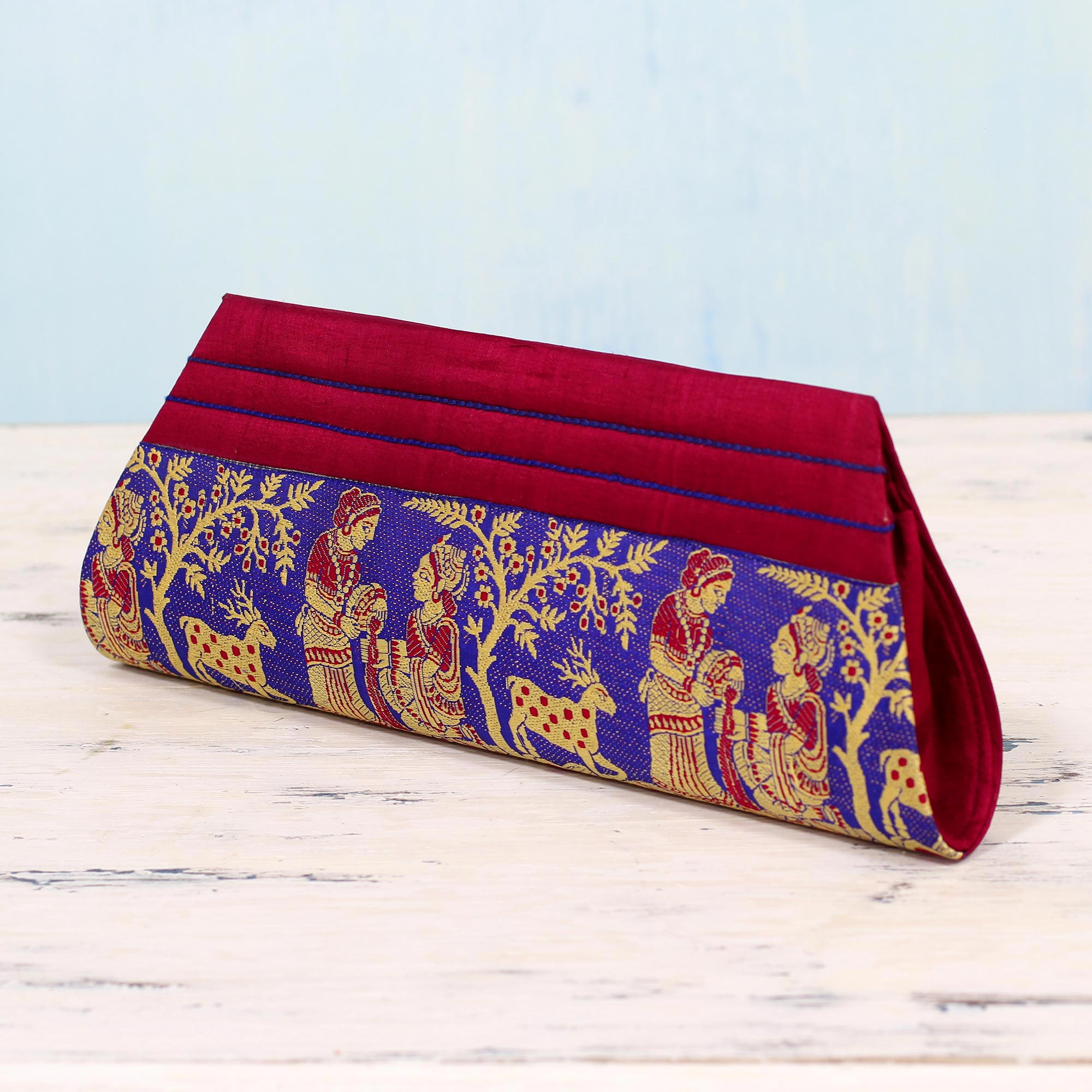 INDHA Clutch Purse in Red and Green Silk Brocade | Eco-Fashion |  Handcrafted Silk Clutch | Block-printed Clutch | Fashion Utility |  Accessory | Eco-friendly product - Curated online shop for handcrafted
