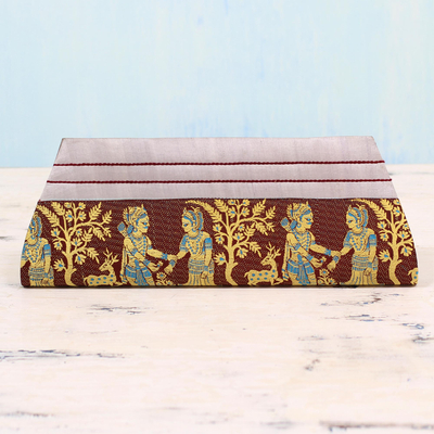 Silk clutch handbag, 'Royal Vow in Brown and Grey' - Grey and Burnt Umber 100% Silk Clutch Handbag from India