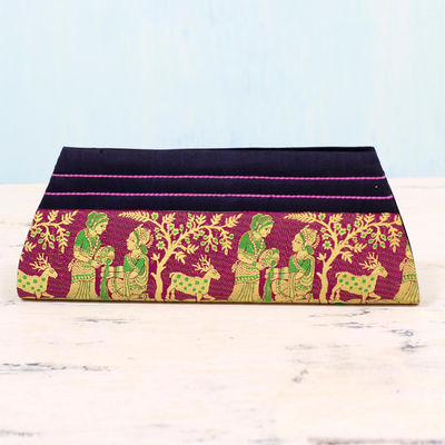Silk clutch handbag, 'Royal Love in Navy and Magenta' - Navy and Magenta 100% Silk Clutch Handbag from India