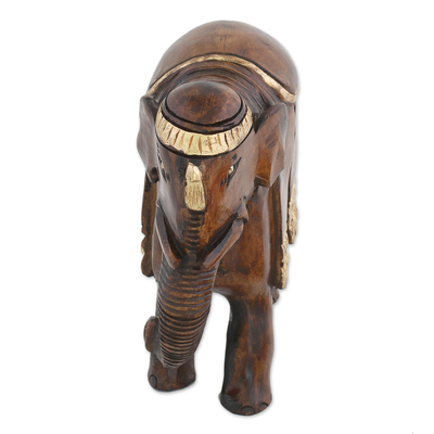 Wood sculpture, 'King of Elephants' - Hand Carved Kadam Wood Elephant Sculpture with Gold Tone