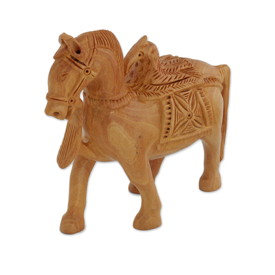 Wood sculpture, 'Friendly Alliance' - Hand Carved Kadam Wood Horse and Eagle Sculpture from India