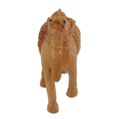 Wood sculpture, 'Friendly Alliance' - Hand Carved Kadam Wood Horse and Eagle Sculpture from India