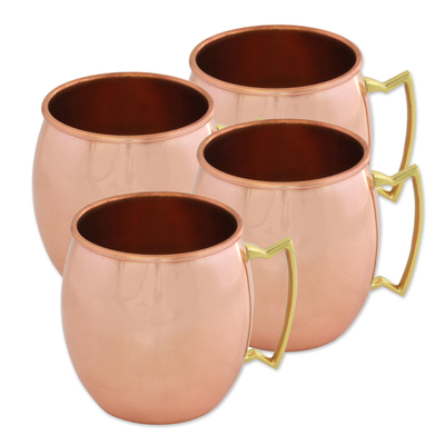 Copper mugs, 'Classic Tavern' (set of 4) - Four Hand Crafted Copper and Brass Handled Mugs from India