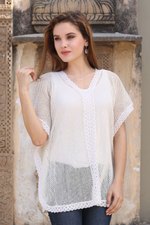 Cotton mesh tunic, 'Glamorous Lady' - Cotton Off White Cover Up or Tunic Top from India