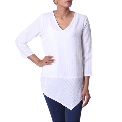 Cotton tunic, 'Cool Bliss' - White Striped Cotton Tunic with Asymmetrical Hem