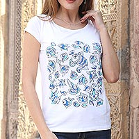 Cotton blend Madhubani t-shirt, 'Underwater Festival' - Hand-Painted Blue Madhubani Fish on White Cotton T-shirt
