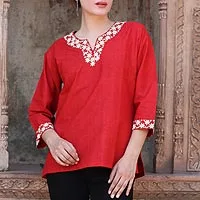 Cotton tunic, 'Chili Bouquet' - Indian 100% Cotton Tunic in Chili Red with Off White Flowers