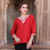 Cotton tunic, 'Chili Bouquet' - Indian 100% Cotton Tunic in Chili Red with Off White Flowers (image 2) thumbail