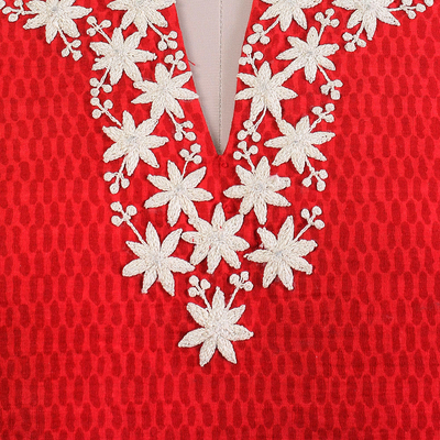 Cotton tunic, 'Chili Bouquet' - Indian 100% Cotton Tunic in Chili Red with Off White Flowers