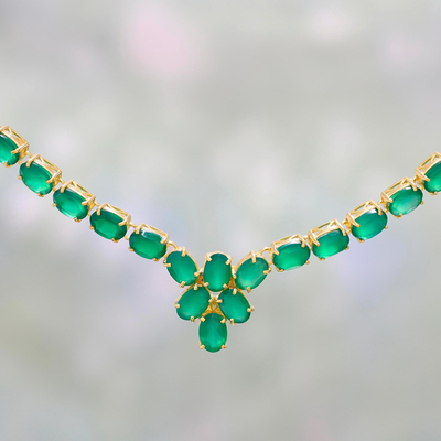 Gold plated onyx pendant necklace, 'Green Garland' - 22k Gold Plated Green Onyx Pendant Necklace from India