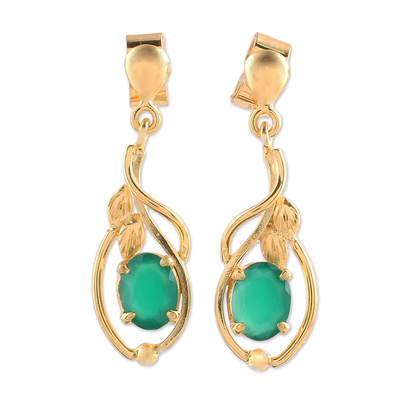 Gold plated onyx dangle earrings, 'Leafy Romance' - 22k Gold Plated Green Onyx Dangle Earrings from India