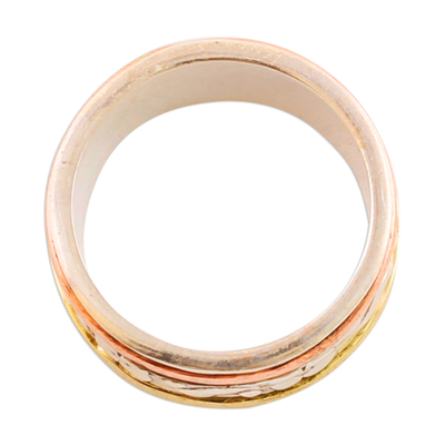 Sterling silver meditation spinner ring, 'Floral Sheen' - Sterling Silver Copper and Brass Indian Floral Spinner Ring