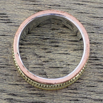 Sterling silver meditation spinner ring, 'Alluring Rotation' - Sterling Silver Copper and Brass Spinner Ring from India