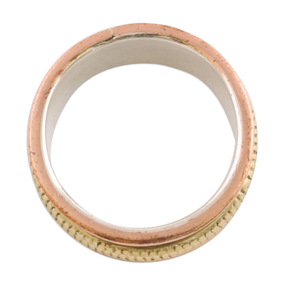 Sterling silver meditation spinner ring, 'Alluring Rotation' - Sterling Silver Copper and Brass Spinner Ring from India