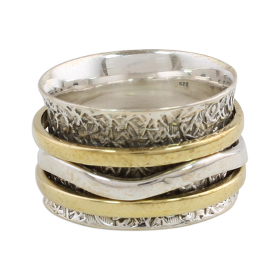 Sterling silver meditation spinner ring, 'Forest Sheen' - Indian Spinner Ring Crafted of Sterling Silver and Brass
