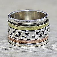 Sterling silver meditation spinner ring, 'Spinning Braid' - Sterling Silver Copper and Brass Spinner Ring from India